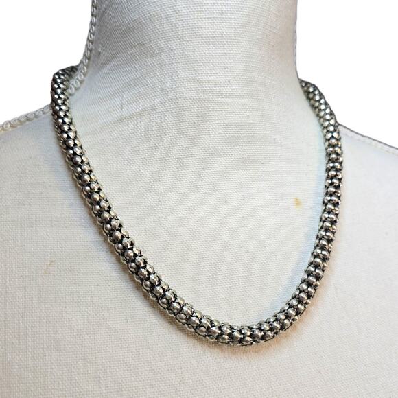 CG Necklace Beaded Tube Popcorn Caviar Woven Chain Silver Tone Single Strand 16" - Picture 2 of 9